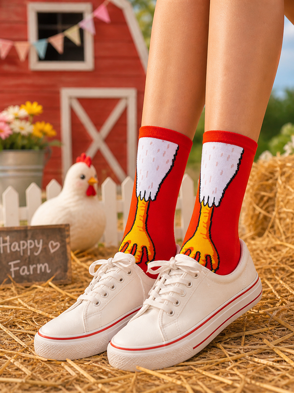 Red chicken feet novelty socks with realistic animal leg design, unisex breathable crew socks