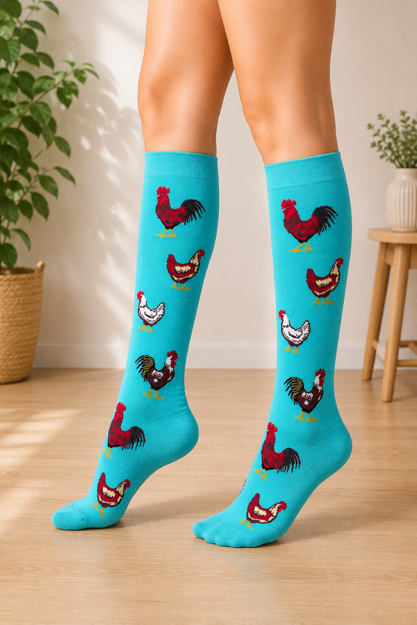 Turquoise blue knee-high socks featuring colorful rooster and chicken patterns