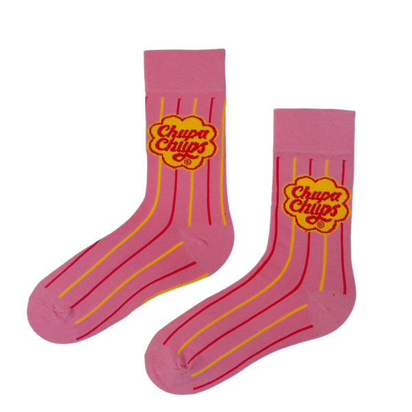 Chupa Chups Pink Striped Socks! Featuring the iconic candy logo on a soft pink base with playful red and yellow stripes