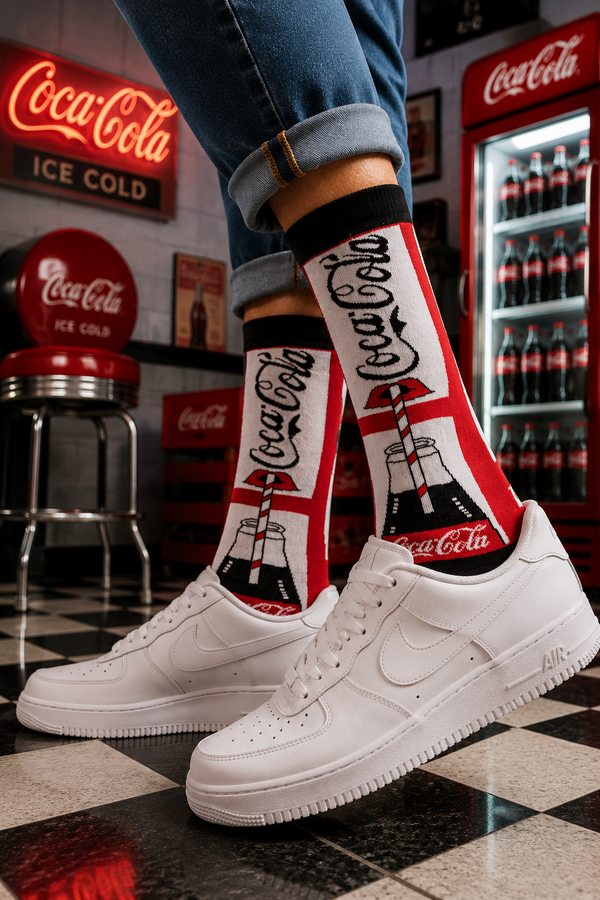 Coca Cola inspired retro crew socks with vintage soda bottle graphic design