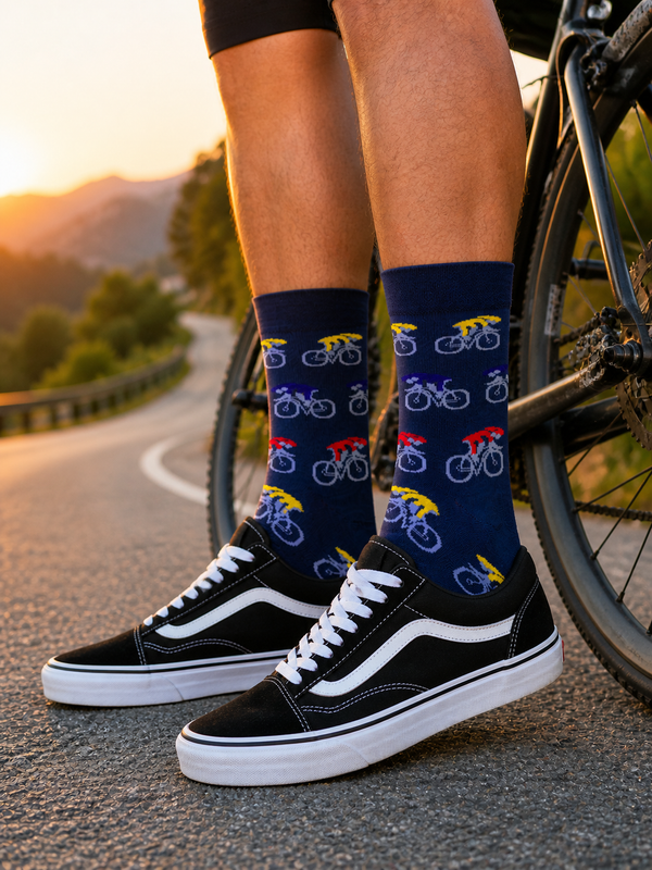 Model wearing colorful bicycle pattern crew socks with navy background and multicolor bicycle illustrations.