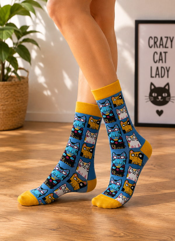 Colorful Cartoon Cat Faces Socks featuring playful cat illustrations in blue, yellow, black, and white on a blue background.