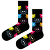  Colorful Cat Face Socks! Featuring a rainbow of bright, smiling cat faces on a bold black base