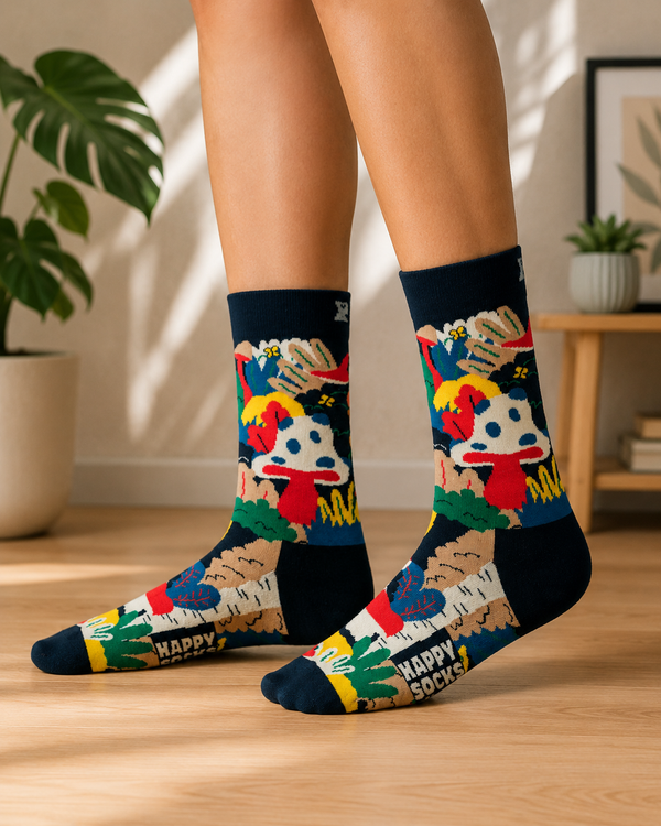 Dark navy crew socks featuring colorful mushrooms, flowers, plants and abstract nature artwork