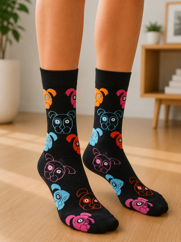 Black crew socks featuring colorful neon-style puppy faces in orange, blue, pink, and red on a soft cotton fabric.