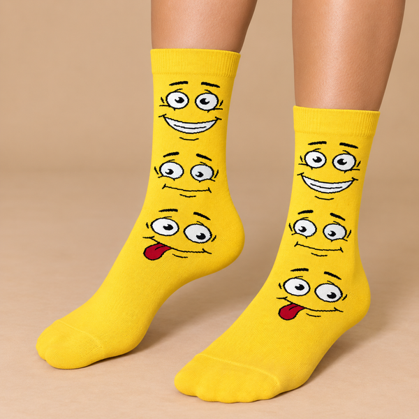 Yellow socks with three funny cartoon facial expressions