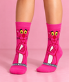 Pink Panther Hot Pink crew socks featuring the classic cartoon character with crossed arms, yellow eyes, black whiskers, and matching fuchsia pink cuffs and toes.