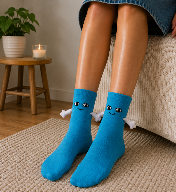 Blue novelty socks with smiling face and plush hugging arms design