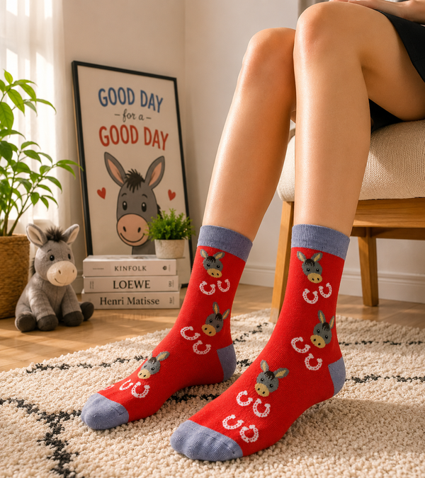 Red and grey cute donkey pattern socks with horseshoe design for unisex casual wear