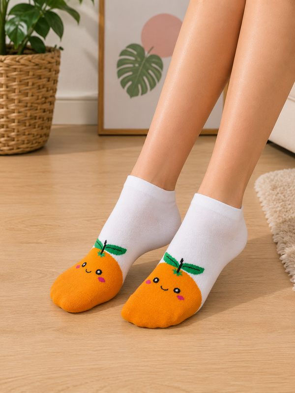 Cute Orange Fruit Ankle Socks with smiling orange character design on white background.