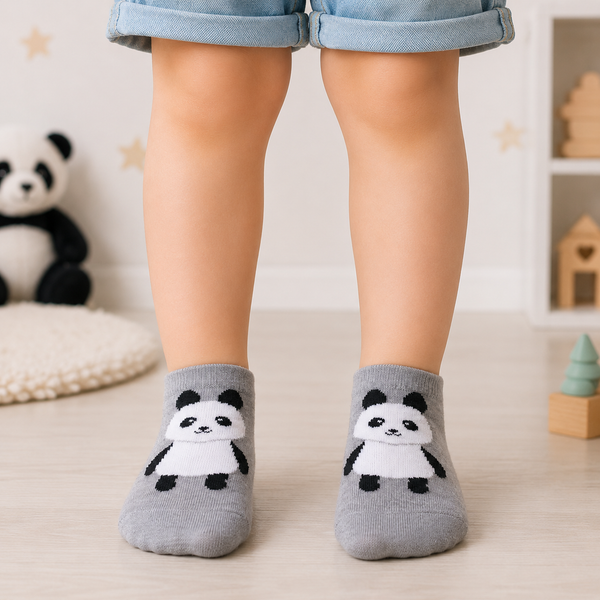 Grey kids ankle socks with cute black and white panda design for ages 3–5 years