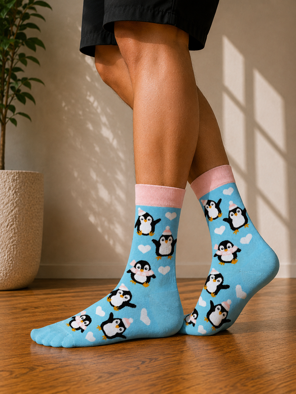 Light blue crew socks featuring cute penguins wearing winter accessories with white heart patterns.