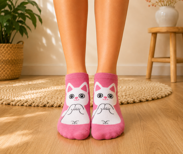 Pink ankle socks featuring a cute white cartoon cat with big eyes