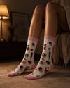 Pink and white crew socks featuring romantic heart, flower bouquet, love letter, and Valentine-inspired patterns