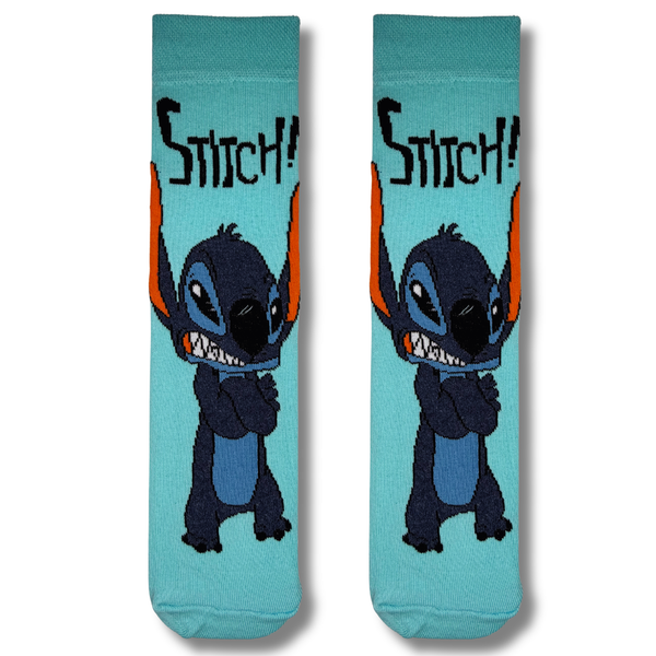 Blue crew socks featuring a cute Stitch cartoon character design on a light aqua background