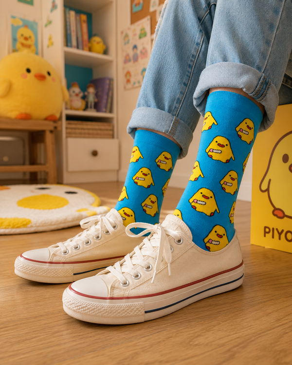 Bright blue crew socks featuring adorable yellow chick cartoon characters with playful kawaii-inspired styling and yellow toe accents.