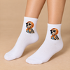 White ankle socks with Dalmatian dog wearing orange scarf and black sunglasses