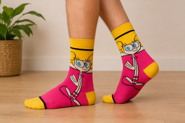 Pink and yellow Dee Dee cartoon crew socks inspired by Dexter’s Laboratory