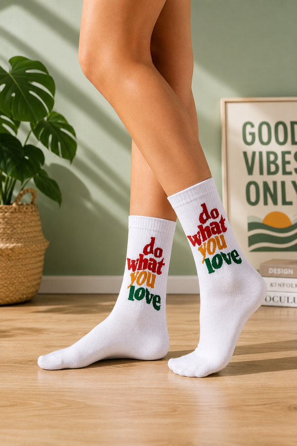 Do What You Love White Crew Socks with colorful motivational text design