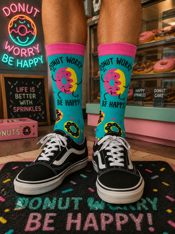 Turquoise crew socks with colorful donut graphics, pink cuffs and toes, featuring the fun phrase “Donut Worry Be Happy!” in playful black lettering.