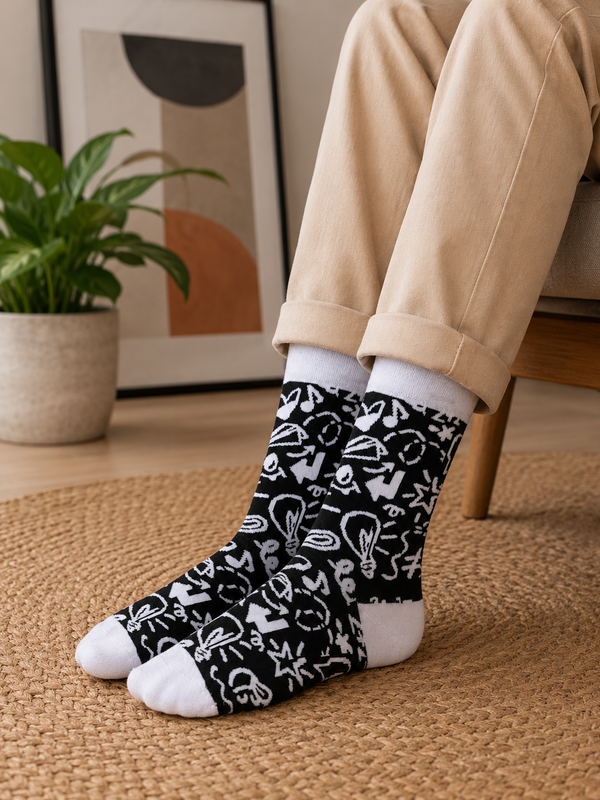 Black and white crew socks featuring hand-drawn doodles, light bulbs, arrows, stars and abstract symbols