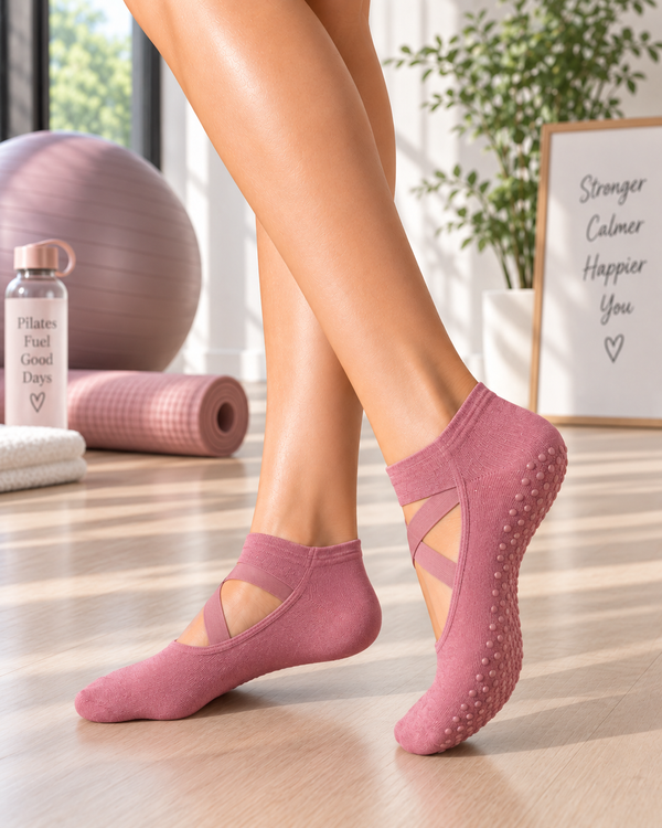 Dusty pink crossover Pilates grip socks with ballet-style elastic straps