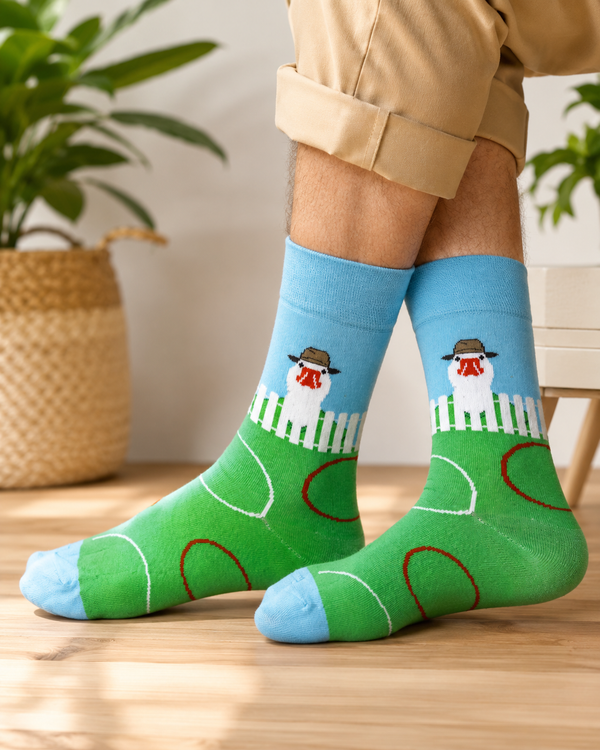 Green and blue crew socks featuring a cartoon duck wearing a farmer hat standing behind a white fence on a grassy field design.