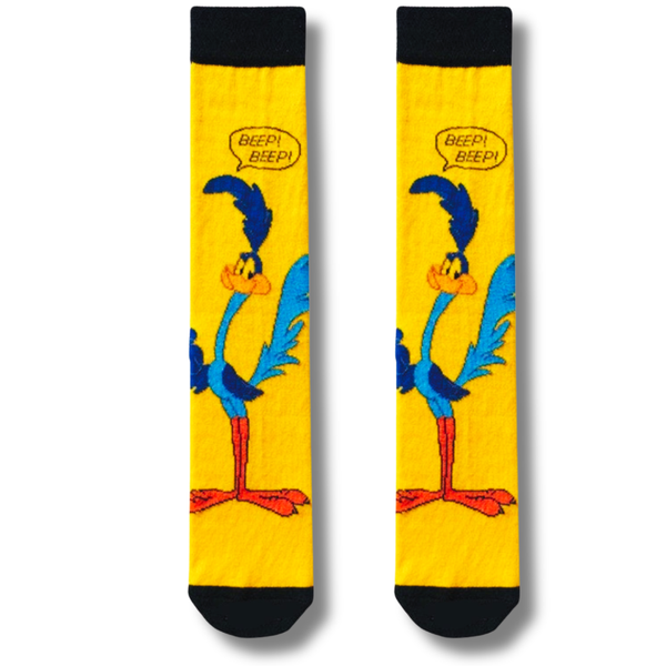 Yellow crew socks featuring a fast blue cartoon bird character with beep beep speech bubble design.