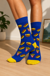 Blue fast food themed crew socks with burger, fries, and hotdog pattern