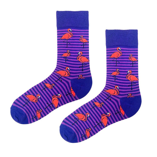  Flamingo Striped Crew Socks! With hot pink flamingos scattered over vibrant purple and violet stripes