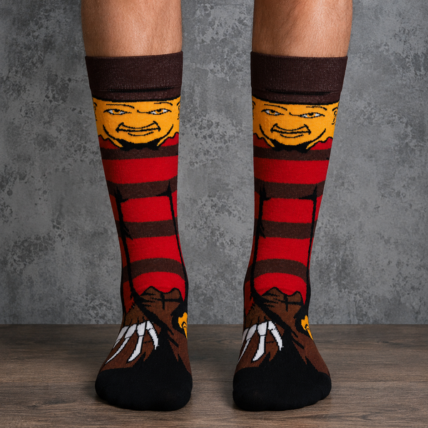 Freddy Krueger horror crew socks featuring the iconic striped sweater and claw glove design