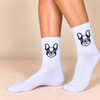 White crew socks with black French Bulldog face design