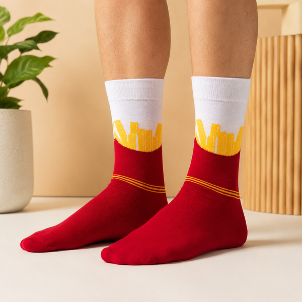 Red and white crew socks featuring a golden French fries box design