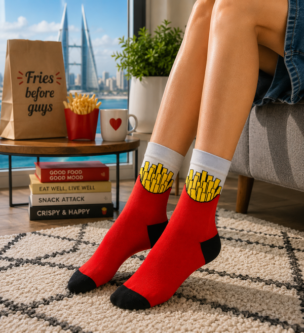 Red french fries socks with yellow fries graphic and novelty food inspired design