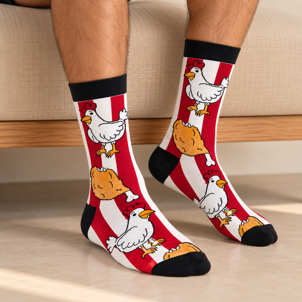 Red and white striped crew socks with chicken and fried chicken graphics and black cuffs, heels and toes