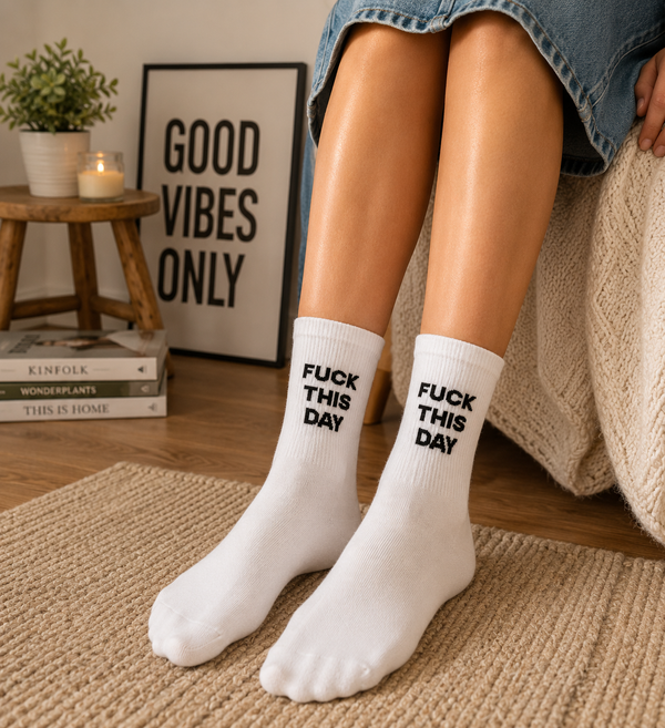 White crew socks with Fuck This Day black text design