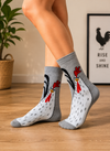 Funny Rooster Socks with large chicken and rooster illustration on grey crew socks.