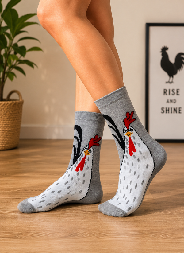 Funny Rooster Socks with large chicken and rooster illustration on grey crew socks.