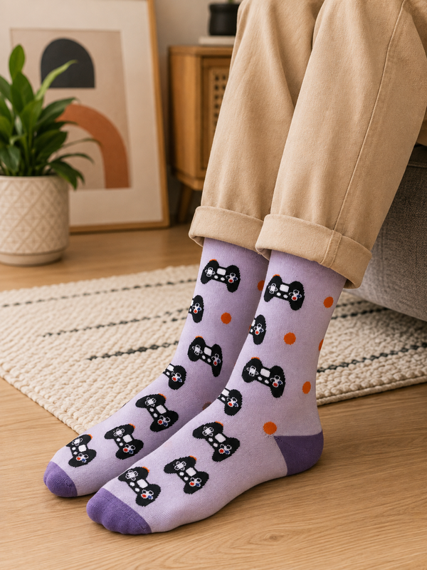 Light purple crew socks with black video game controller pattern, orange dots and dark purple heel