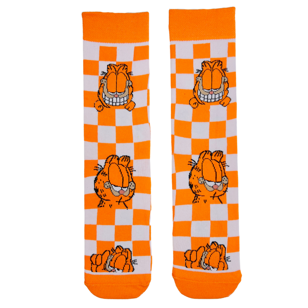 Garfield Orange Checkered Socks! These bold, playful socks feature the iconic grinning Garfield on a vibrant orange and white checkered background