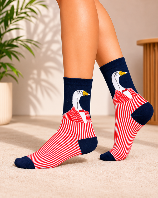 Navy and white crew socks featuring a goose wearing a red striped shirt.