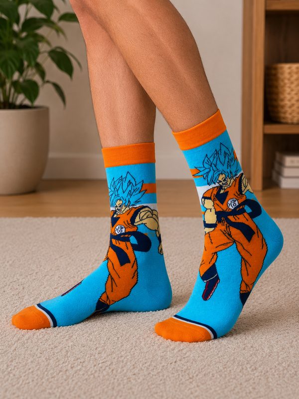 Red anime socks featuring Super Saiyan Goku character with golden hair and blue outfit details.