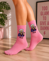 Pink crew socks with grumpy grandma mood graphic and funny sarcastic design.