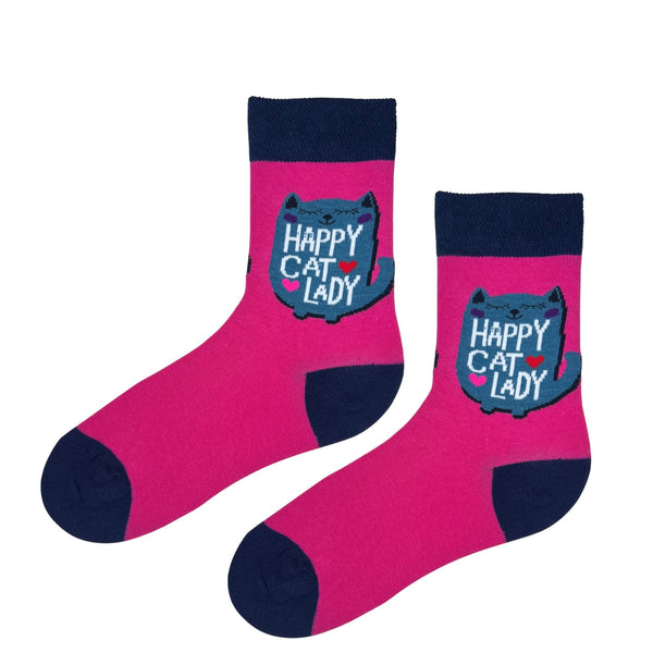 Happy Cat Lady Socks 🐱💗. Designed with a playful blue cat graphic and the phrase “Happy Cat Lady