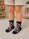 Navy kids crew socks with colorful floral pattern for toddlers aged 1–2 years.