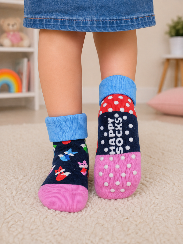 Happy Fox non-slip cotton socks for toddlers aged 1–2 years with colorful fox pattern and anti-slip grip sole.