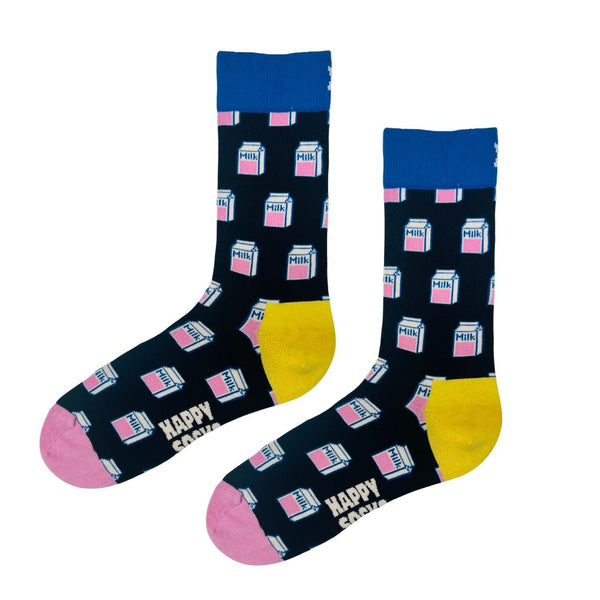 Happy Milk Carton Socks! Featuring a playful milk carton print on a dark navy background