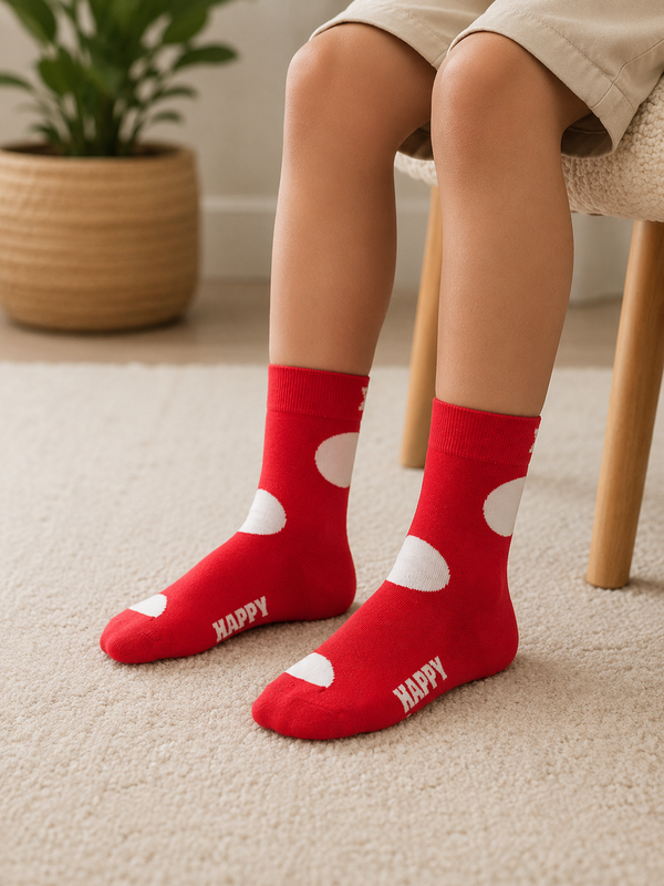 Red kids crew socks with large white polka dots and HAPPY branding.