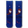 Blue Harry Potter crew socks with cartoon wizard on broomstick, stars, lightning and magical icons