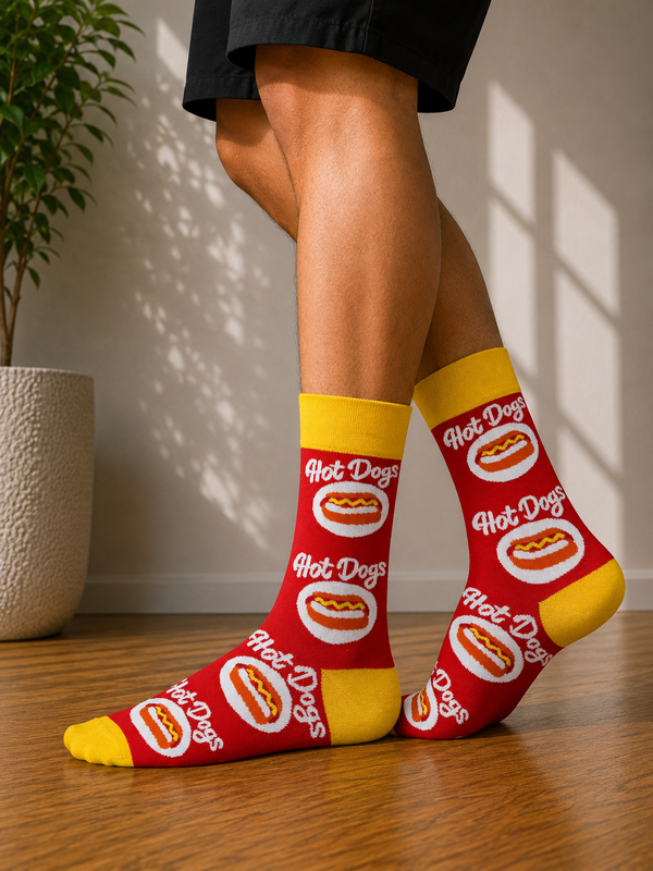 Red and yellow crew socks featuring hot dog illustrations and Hot Dogs text pattern.